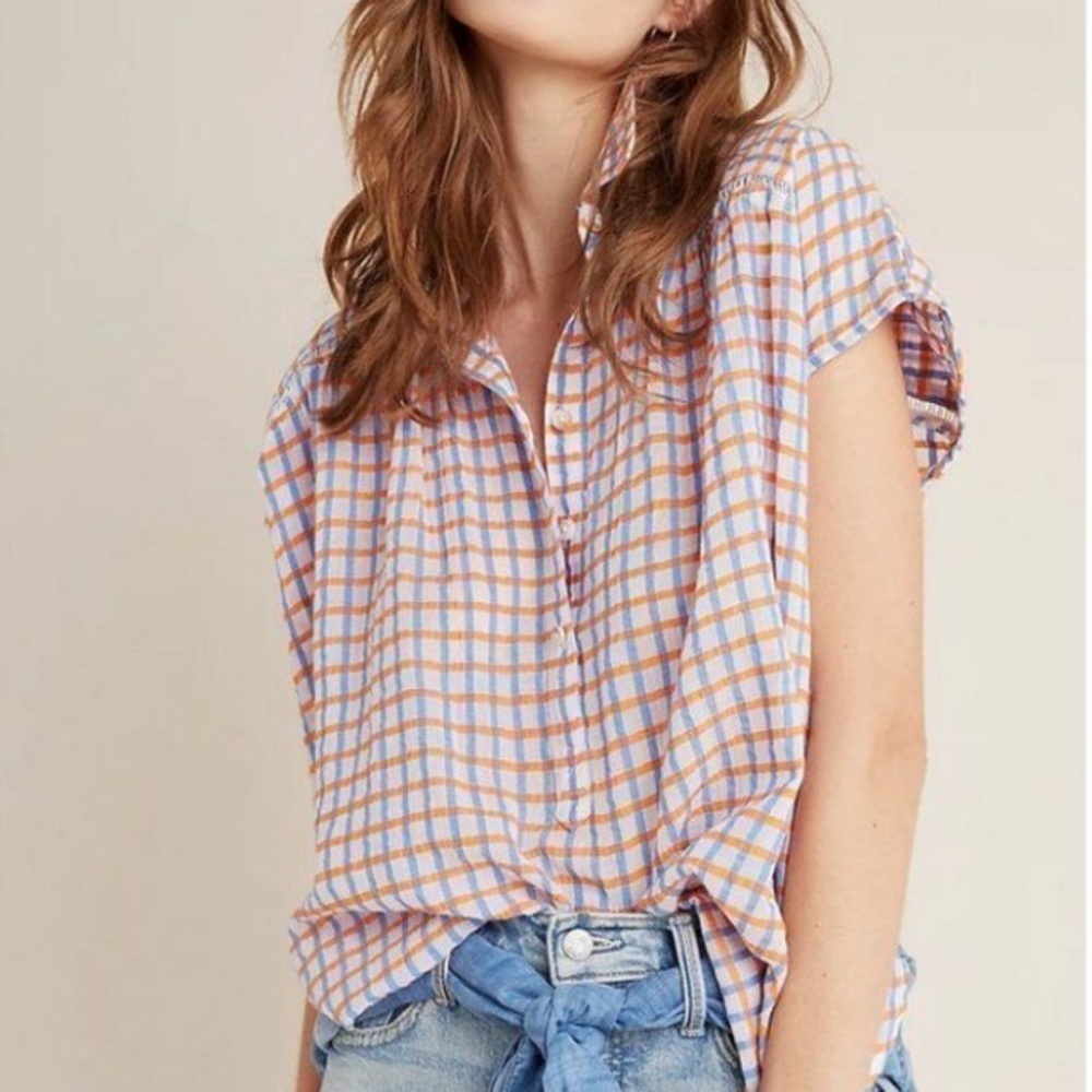 Pilcro Anthro. Serena Surf Casual plaid Henley cap sleeve carefree pullover top - Picture 12 of 12